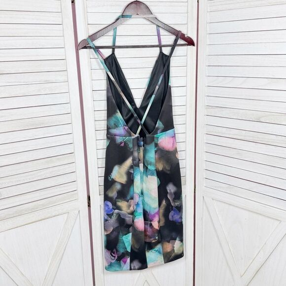 Bebe Watercolor Plunge Neck Open Back Bodycon Y2K Club Dress Black Teal XS - Picture 9 of 13